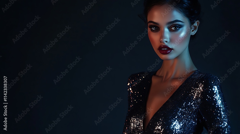 Female model in a shimmering sequined dress, standing powerfully against a dark backdrop
