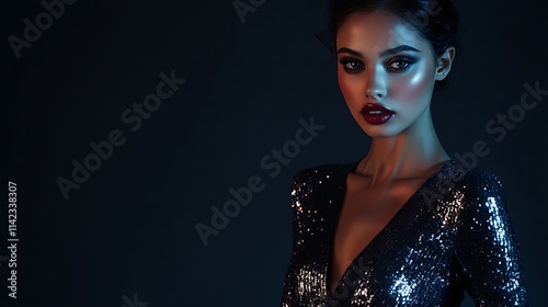 Obraz na płótnie Female model in a shimmering sequined dress, standing powerfully against a dark backdrop w salonie
