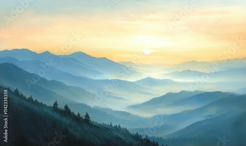Sunrise over misty, layered mountains; forest below.