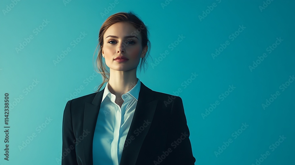 Female model in tailored office suit, standing powerfully with sharp background lighting