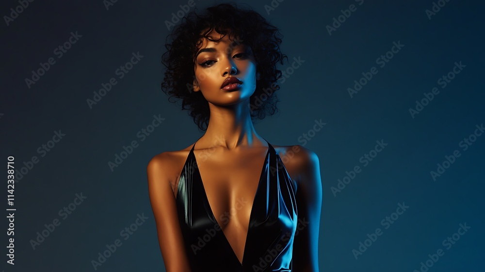 Female model in chic satin slip dress, standing gracefully under smooth lighting for an advertisement