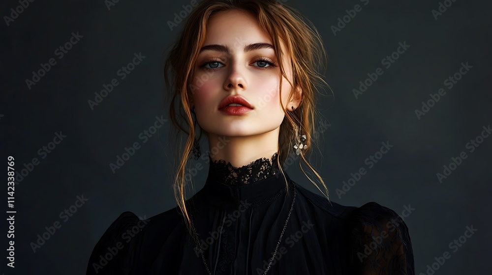 Female model in gothic inspired attire, posed dramatically under dark studio lighting