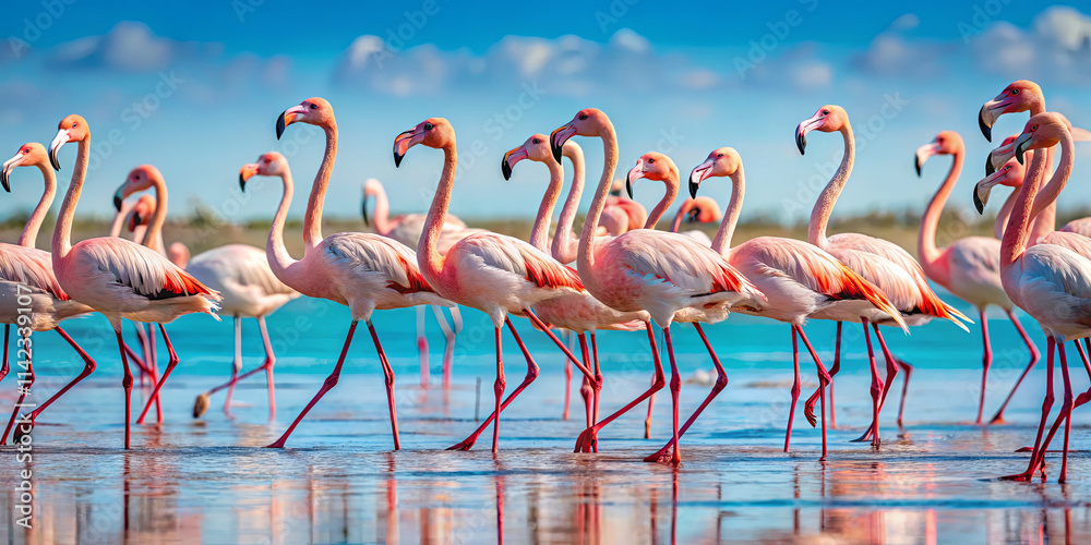 Naklejka premium A group of flamingos strolls through shallow water, their vibrant pink feathers reflecting in the serene surface. The sky is a bright blue with scattered clouds