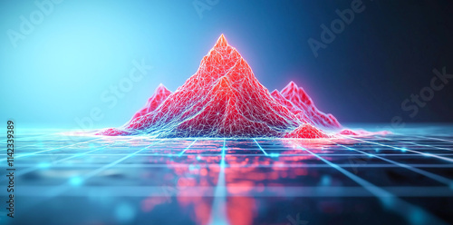 Futuristic landscape with neon mountains and grid reflection, showcasing vibrant colors and intricate wireframe design. captivating visual experience
