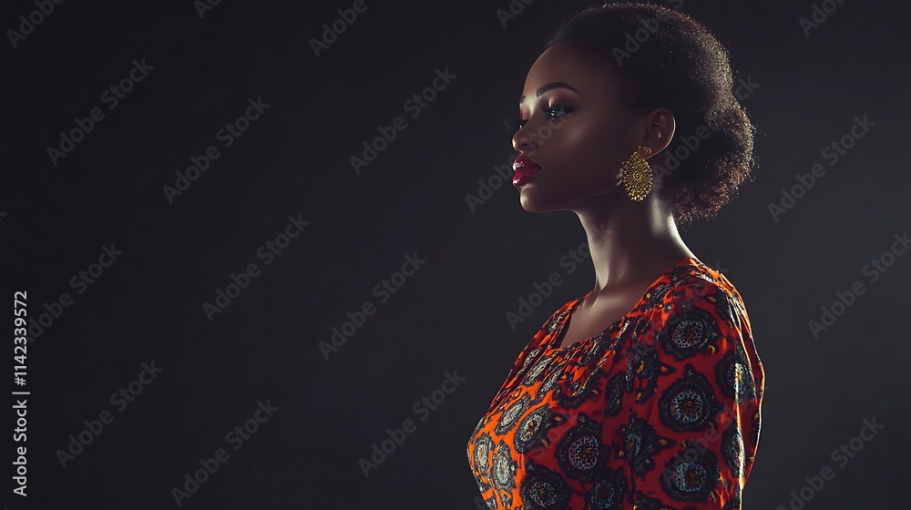 Female model in bold patterned dress, posing confidently under directional lighting
