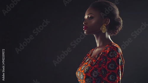 Obraz na płótnie Female model in bold patterned dress, posing confidently under directional lighting w salonie