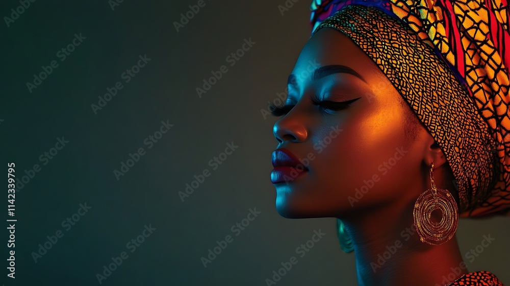Female model in traditional African attire, with bold colors and artistic lighting