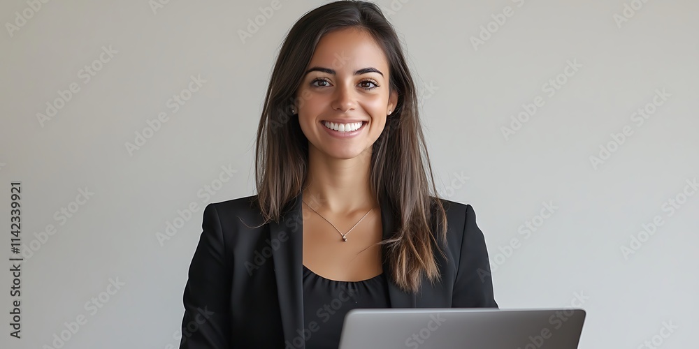 Brazilian female marketing director standing proudly in front of her laptop