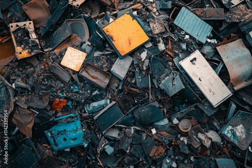 Close-up view of assorted scrap metal debris, showing various colors and textures of discarded materials.