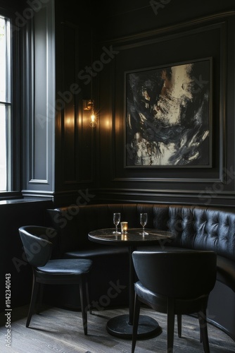 Dark room, black booth seating, small table, abstract art.