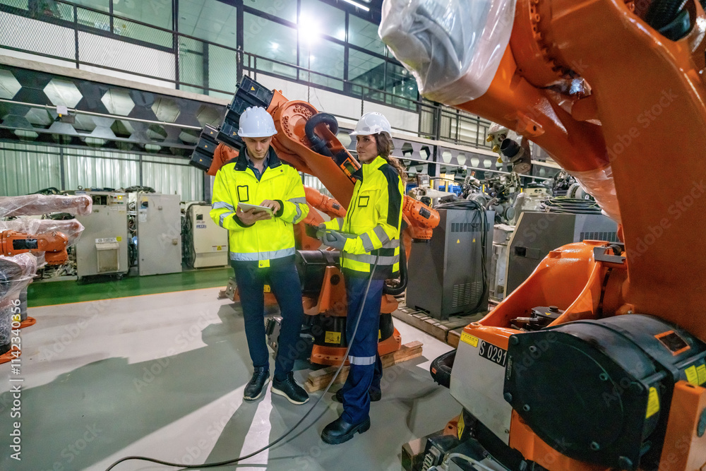 Fototapeta premium Workers Collaborating With Robotic Arms in a Modern Industrial Facility