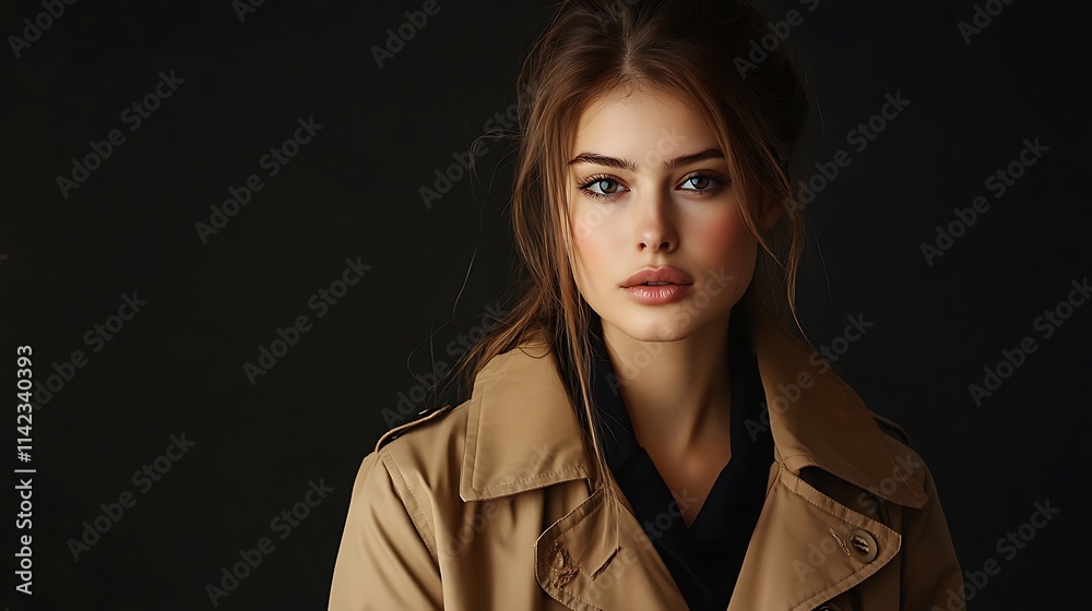 Female model in a classic trench coat, standing stylishly with high fashion lighting