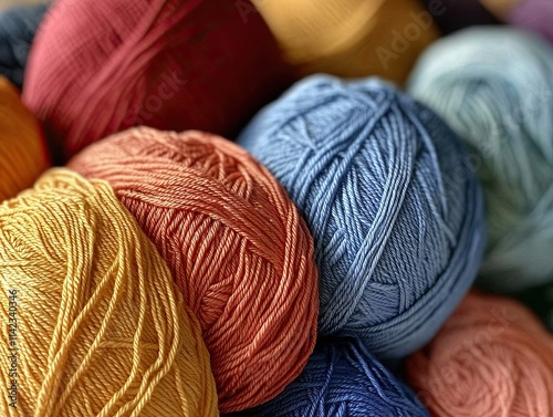 A vibrant assortment of colorful yarn balls, showcasing various textures and hues, perfect for knitting and crafting projects. photo