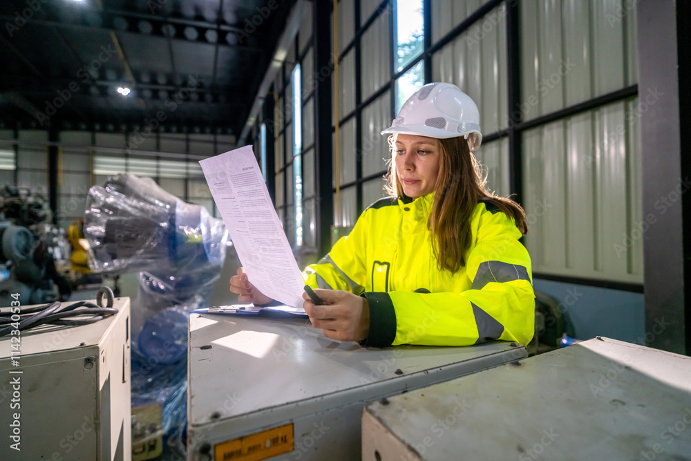 Construction Worker Reviewing Plans in a Warehouse During the Day Construction Worker Reviewing Plans in a Warehouse During the Day