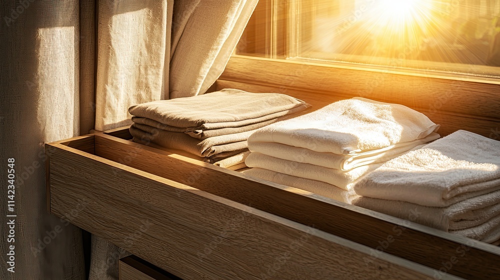 A cozy scene showcasing neatly folded towels on a wooden shelf, bathed in warm sunlight filtering through a curtain. A cozy scene showcasing neatly folded towels on a wooden shelf, bathed in warm sunlight filtering through a curtain.