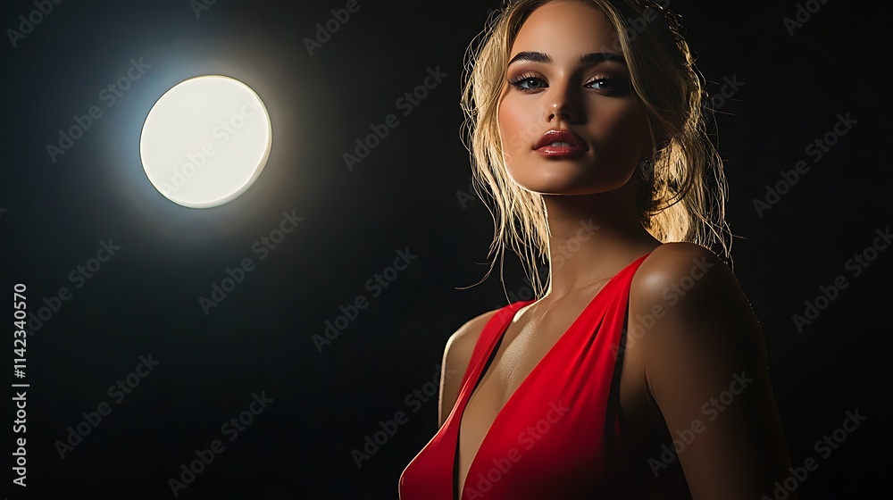 Female model in a cocktail dress, standing elegantly with soft spotlights,