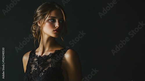 Female model in elegant black lace dress, soft directional lighting,