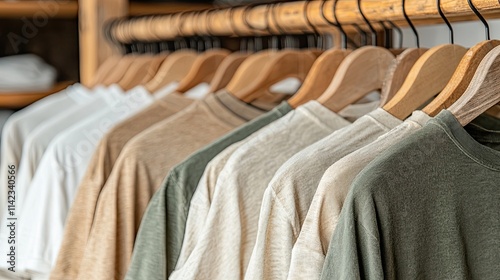 A neatly arranged display of casual shirts on wooden hangers in soft, neutral colors, showcasing a stylish and organized clothing collection. photo