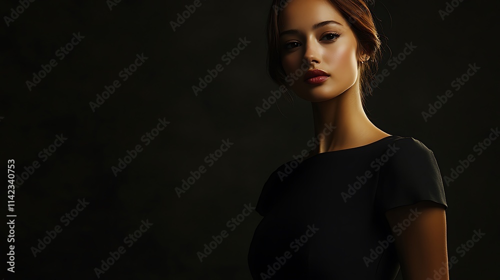 Female model in sleek black dress, standing confidently under soft studio lighting
