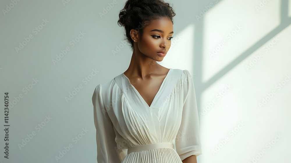Female model in soft white blouse and skirt, standing gracefully in front of soft natural lighting,