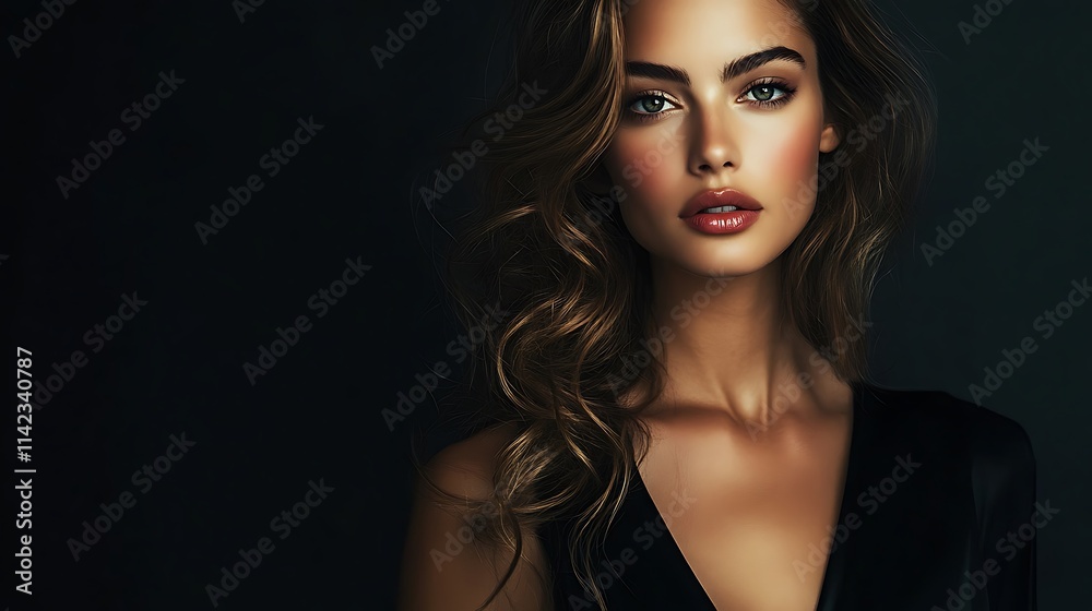 Female model in a timeless black dress posing elegantly with soft, diffuse lighting creating a calm atmosphere