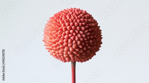a pink spiky fruit on a stem against a white background