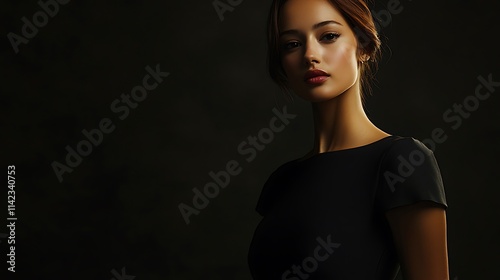 Female model in sleek black dress, standing confidently under soft studio lighting