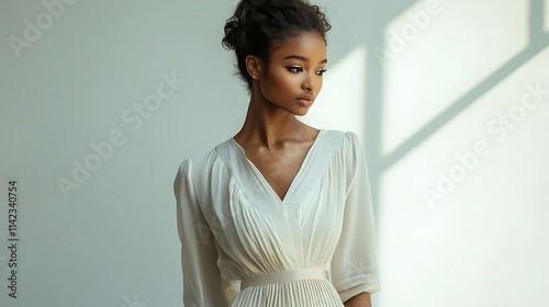 Obraz na płótnie Female model in soft white blouse and skirt, standing gracefully in front of soft natural lighting, w salonie