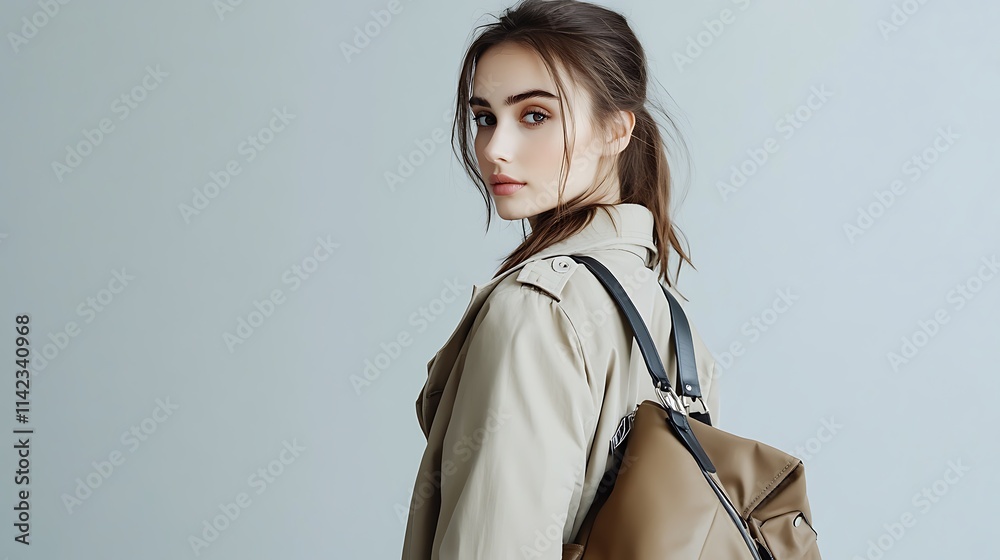 Female model in chic trench coat, posing with stylish bag in a clean studio