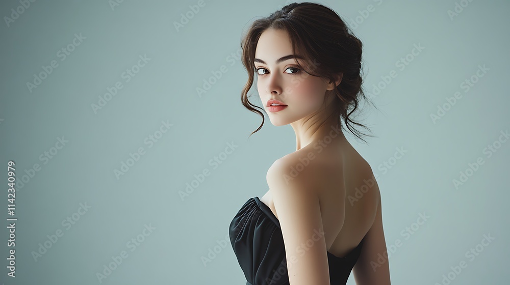 Female model in a timeless black dress posing elegantly with soft, diffuse lighting creating a calm atmosphere