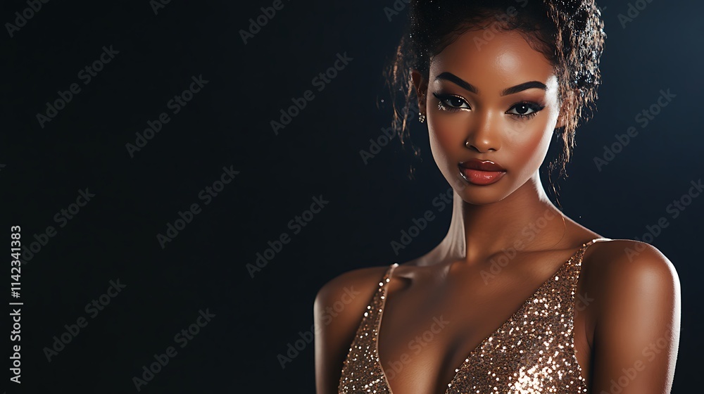 Female model in a sequined cocktail dress, standing confidently with luxurious lighting