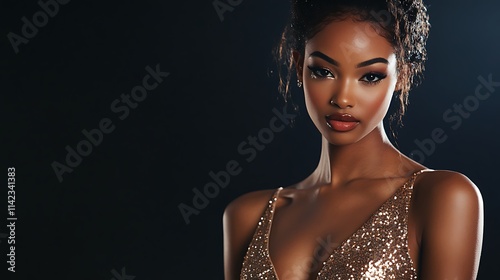 Obraz na płótnie Female model in a sequined cocktail dress, standing confidently with luxurious lighting w salonie