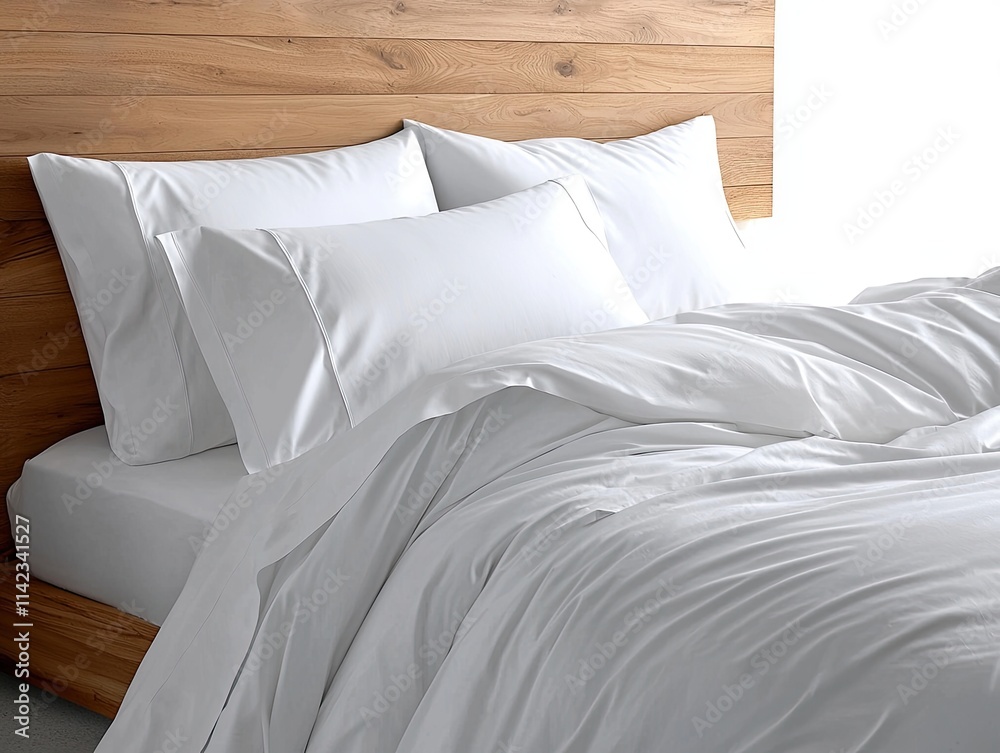 A cozy bed with crisp white bedding, featuring multiple pillows and a wooden headboard, creating a serene and inviting atmosphere. A cozy bed with crisp white bedding, featuring multiple pillows and a wooden headboard, creating a serene and inviting atmosphere.