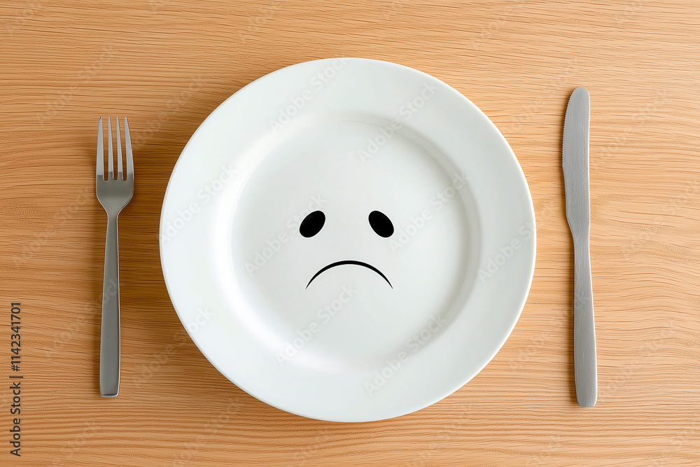 white plate with sad face design sits on wooden table, accompanied by fork and knife. This unique presentation evokes sense of melancholy and creativity white plate with sad face design sits on wooden table, accompanied by fork and knife. This unique presentation evokes sense of melancholy and creativity
