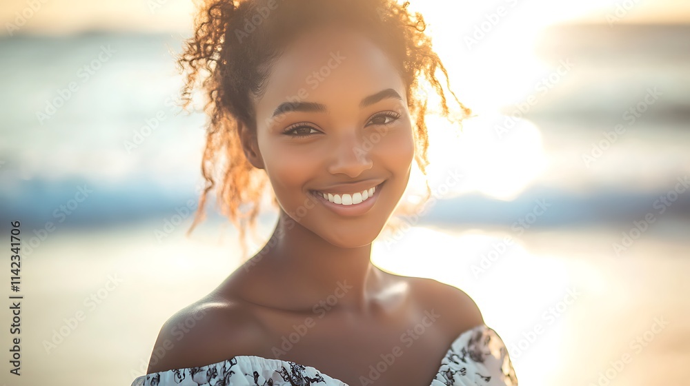 Female model smiling and posing on a sunlit beach in a summer dress, exuding warmth and happiness