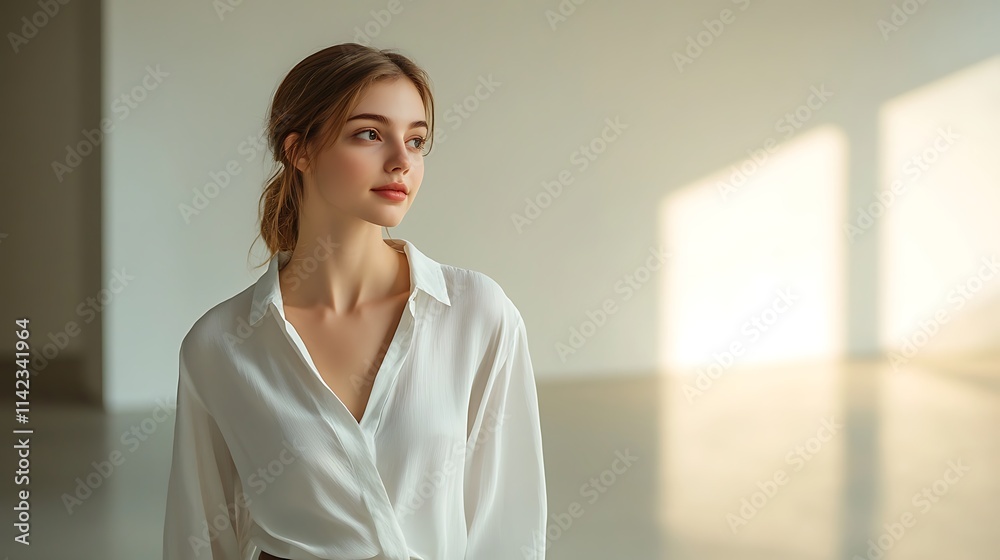 Female model in a white blouse, walking confidently through a modern art gallery, appreciating the creative atmosphere