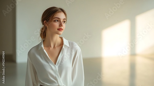Obraz na płótnie Female model in a white blouse, walking confidently through a modern art gallery, appreciating the creative atmosphere w salonie