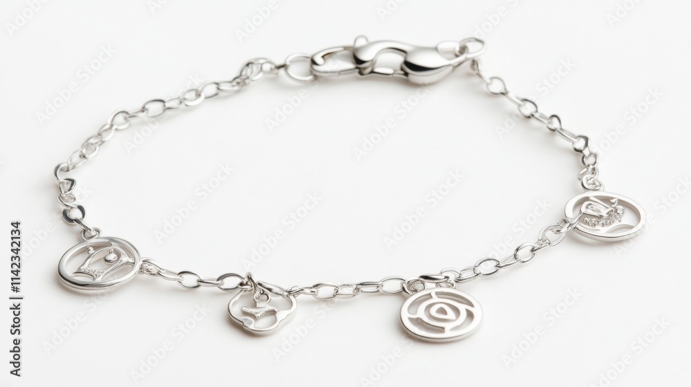 Silver Charm Bracelet with Unique Symbols on Isolated Background Silver Charm Bracelet with Unique Symbols on Isolated Background