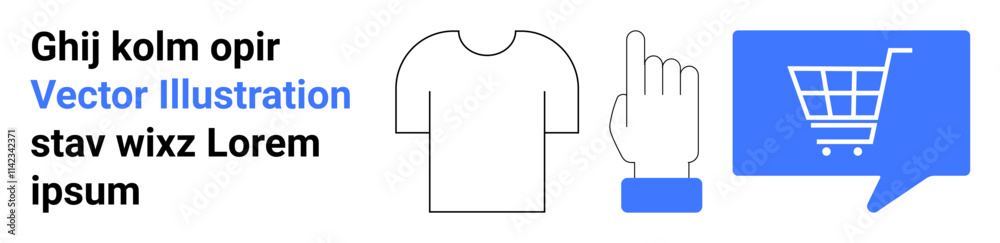 T-shirt outline, hand cursor, and shopping cart in blue speech bubble. Ideal for e-commerce, fashion, marketing, user interface, digital marketing, shopping apps, online retail. Landing page T-shirt outline, hand cursor, and shopping cart in blue speech bubble. Ideal for e-commerce, fashion, marketing, user interface, digital marketing, shopping apps, online retail. Landing page