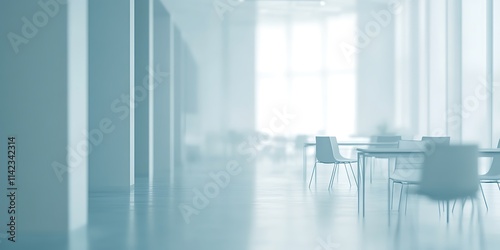 Minimalist office interior with blurred desks and chairs, clean professional look