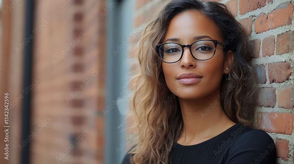 Female model with glasses standing in front of a brick wall in an urban alley