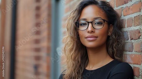 Obraz na płótnie Female model with glasses standing in front of a brick wall in an urban alley w salonie