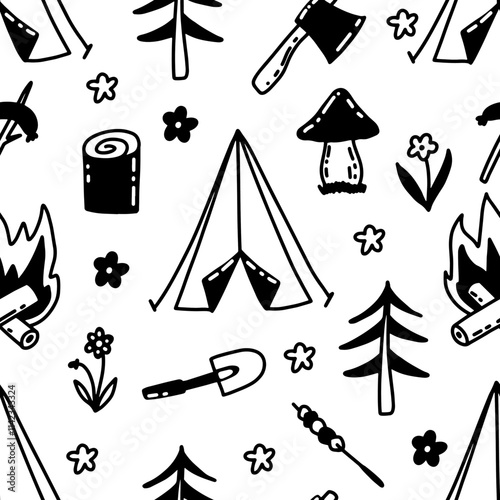 Journey. Camp travel seamless pattern. Forest adventure with trees, touristic tent,  flowers and bonfire. Mountain hikking. Hand drawn vector doodle