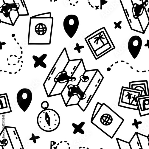 Wold trevelling seamless pattern. Doodle journey background with maps, passport, compass. Adventure