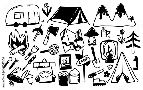 Camping hand drawn vector set with map, car, bonfire, backpack, tent. Hikking and forest, mountains. Collection
