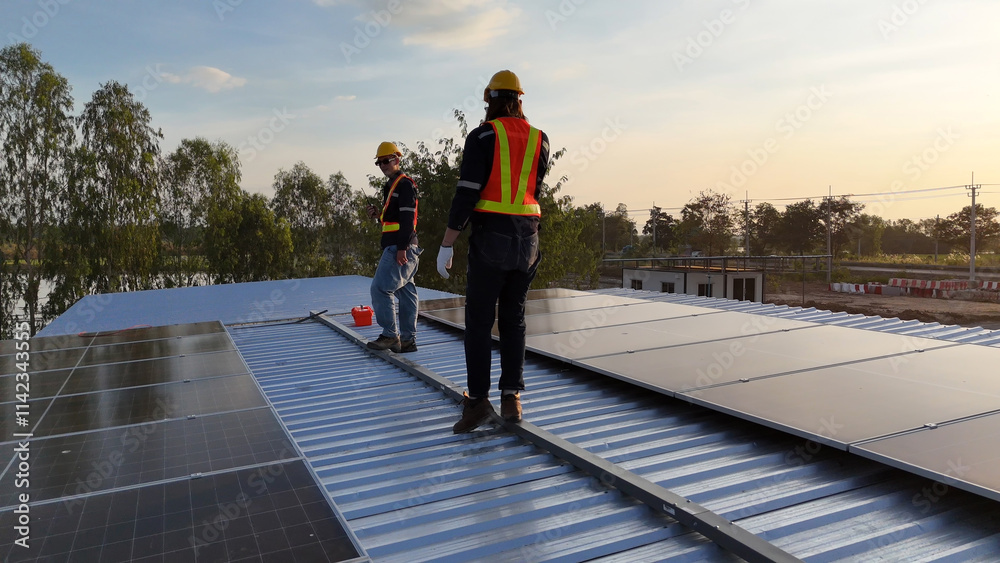 Solar Panel Installation on Rooftop at Sunset With Workers in Safety Gear Solar Panel Installation on Rooftop at Sunset With Workers in Safety Gear