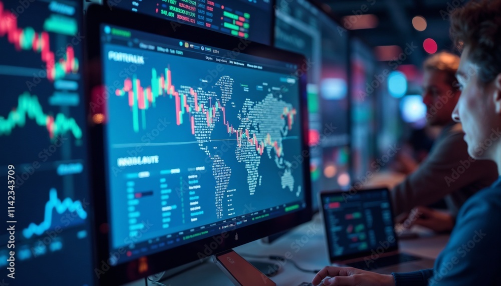 Vibrant and energetic, a portfolio screen showing diverse asset categories like stocks, bonds, and real estate, lively trading floor Vibrant and energetic, a portfolio screen showing diverse asset categories like stocks, bonds, and real estate, lively trading floor