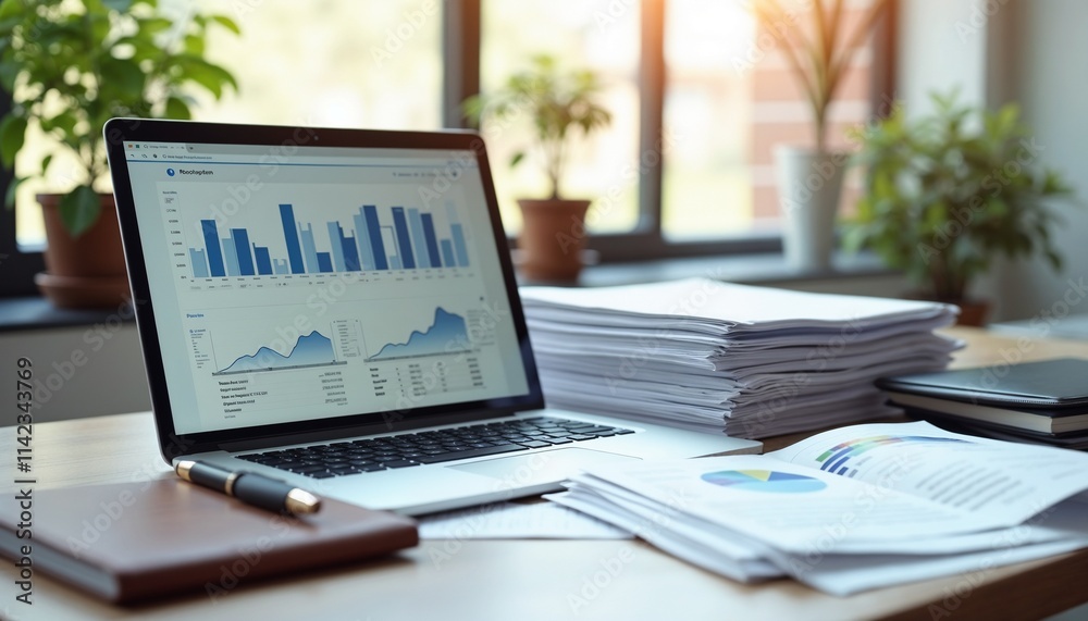 Photorealistic style, a clean desk with an open laptop displaying investment portfolio charts, bright natural light Photorealistic style, a clean desk with an open laptop displaying investment portfolio charts, bright natural light