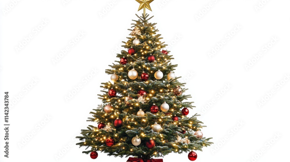 Festive Christmas Tree with Golden Star and Red Decorations Festive Christmas Tree with Golden Star and Red Decorations