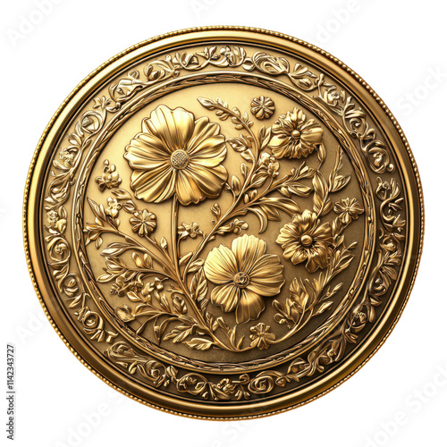 A detailed, embossed golden medallion featuring floral designs with intricate patterns and textures.